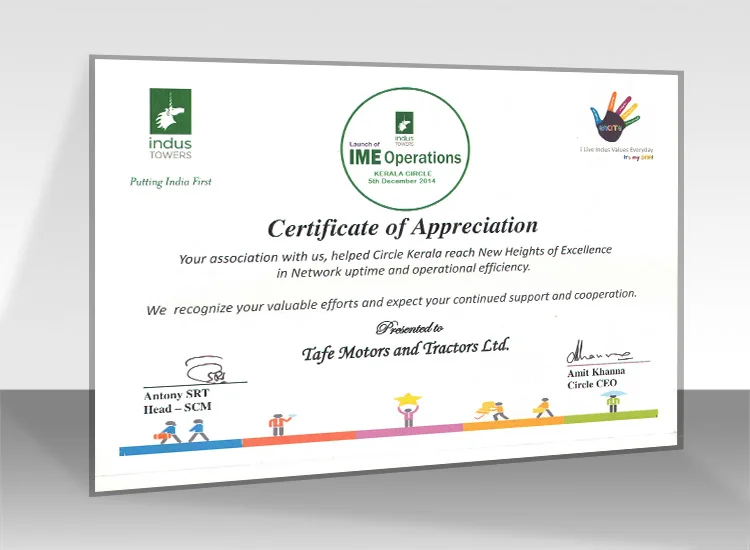 Indus Towers Certificate of Appreciation